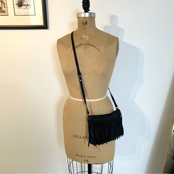 Eileen Fisher Black Fringe Leather Crossbody Bag